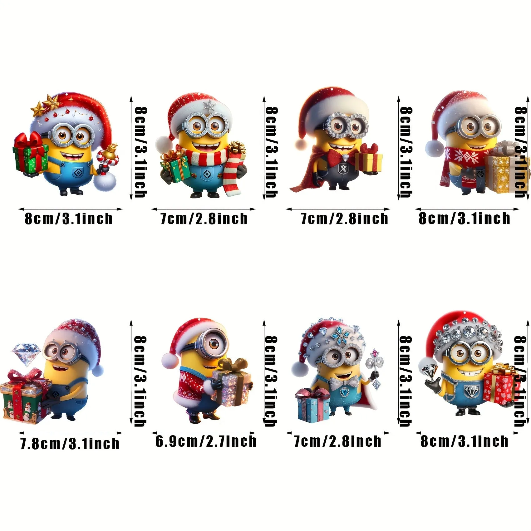 8pcs Cute Minions Christmas Tree Ornaments - 2D Acrylic, Double-Sided Design for Holiday & New Year Decorations, Perfect for Cars, Backpacks, Keychains & Windows, for Christmas