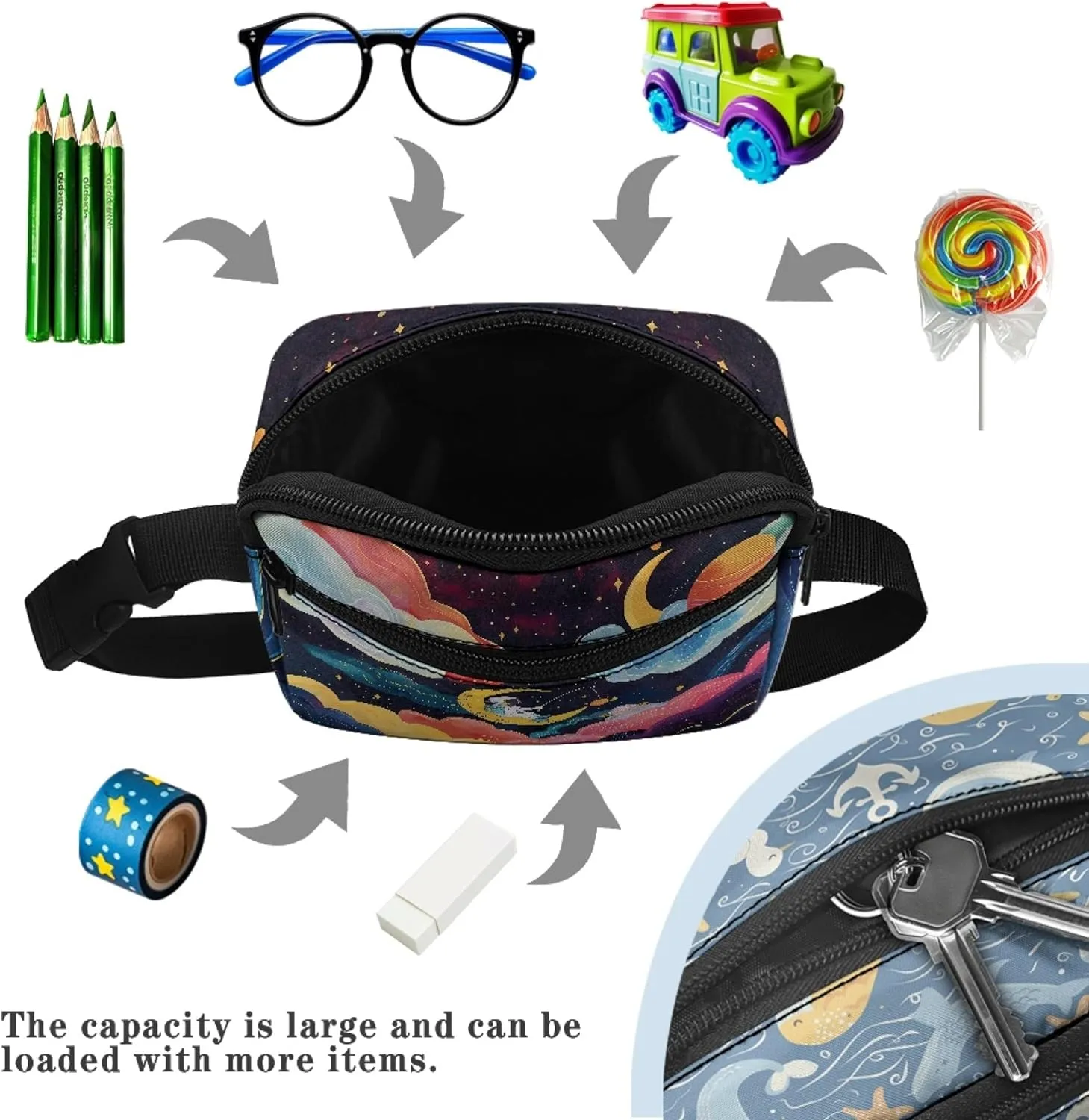 Astronaut Moon Kids Fanny Pack Girls Cross Body Bag with Double Zipper Children Waist Pack for Grade 1st 2nd 3rd Boys Crossbody Bag for Hiking Outdoors