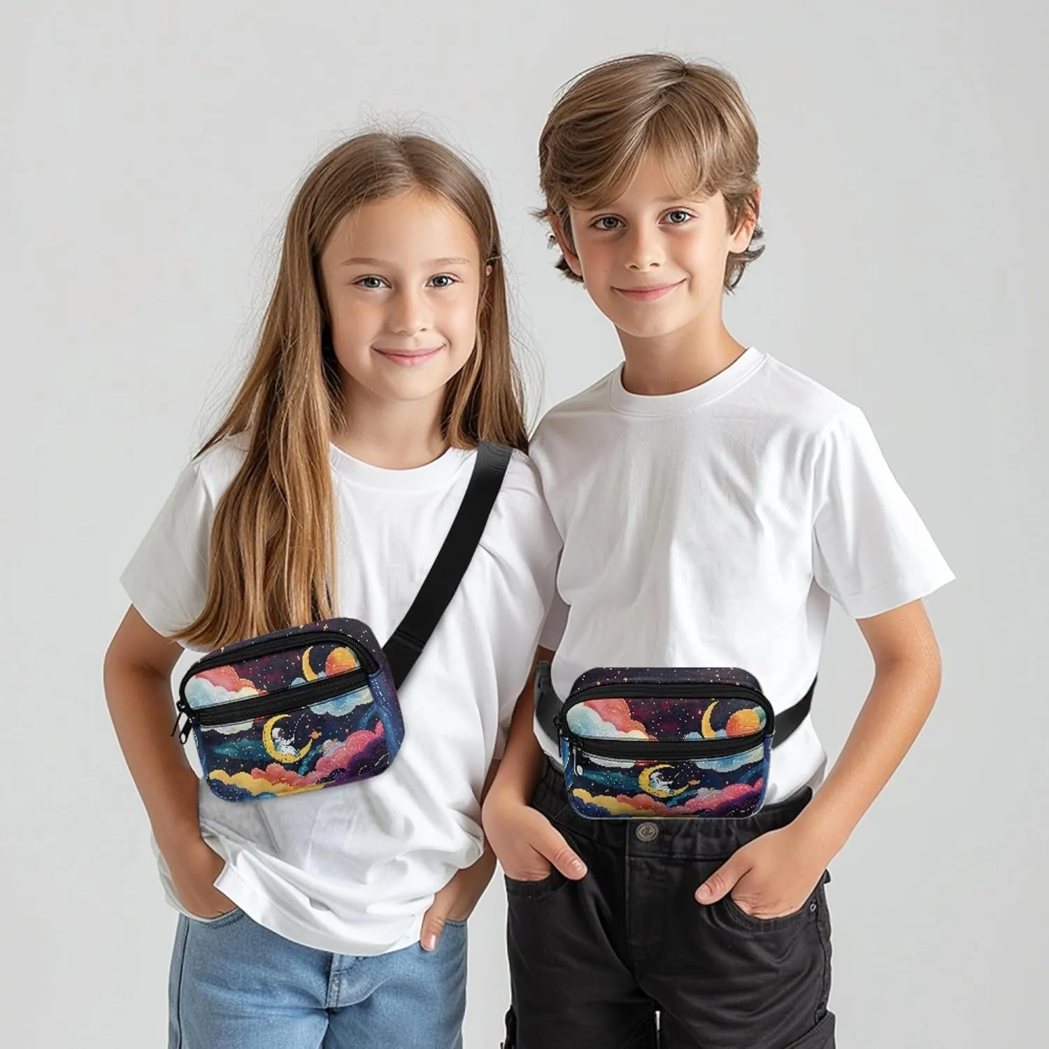 Astronaut Moon Kids Fanny Pack Girls Cross Body Bag with Double Zipper Children Waist Pack for Grade 1st 2nd 3rd Boys Crossbody Bag for Hiking Outdoors