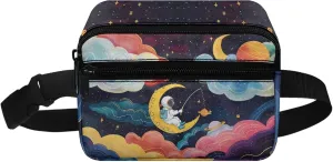 Astronaut Moon Kids Fanny Pack Girls Cross Body Bag with Double Zipper Children Waist Pack for Grade 1st 2nd 3rd Boys Crossbody Bag for Hiking Outdoors