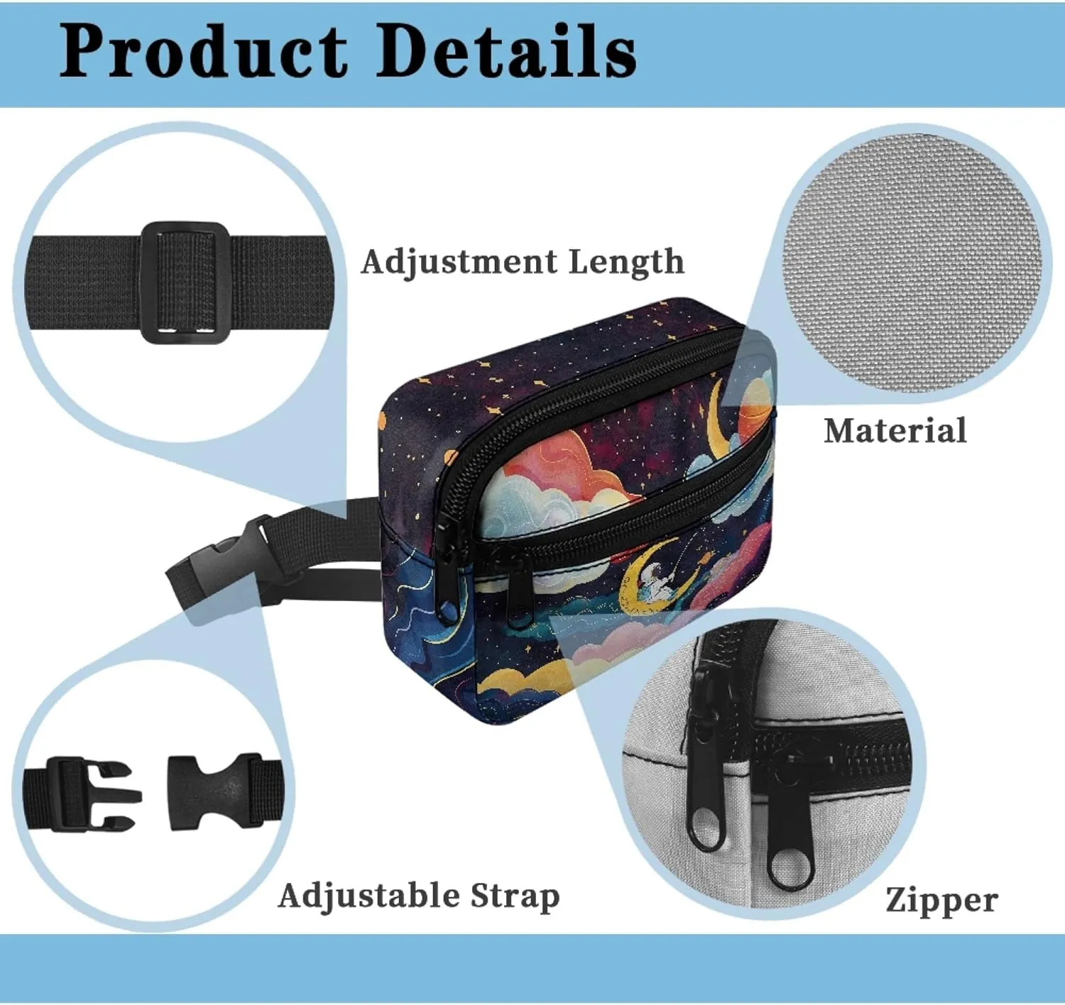 Astronaut Moon Kids Fanny Pack Girls Cross Body Bag with Double Zipper Children Waist Pack for Grade 1st 2nd 3rd Boys Crossbody Bag for Hiking Outdoors