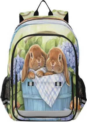 Backpack for School Girls Boys, College Rucksack Travel Daypack Teenager Bookbag Kids Backpack Bunnies Blue Wooden Bucket Flowers Rabbit