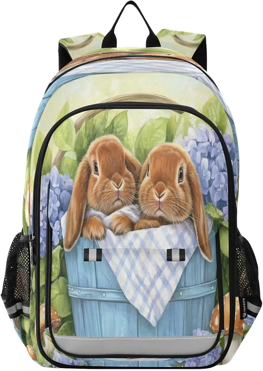 Backpack for School Girls Boys, College Rucksack Travel Daypack Teenager Bookbag Kids Backpack Bunnies Blue Wooden Bucket Flowers Rabbit