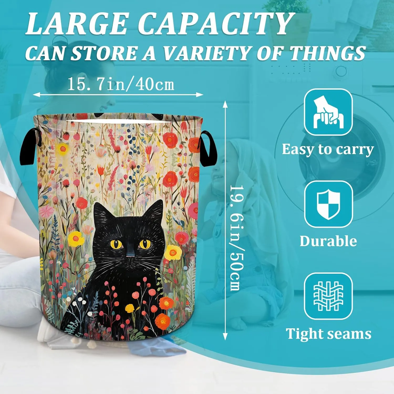 Black Cat Laundry Basket, Flower Floral Laundry Hamper Foldable Waterproof Tote Bag Dirty Clothes Storage Bucket Toy Organizer for Bathroom/Laundry/Bedroom 15.7"x19.6"