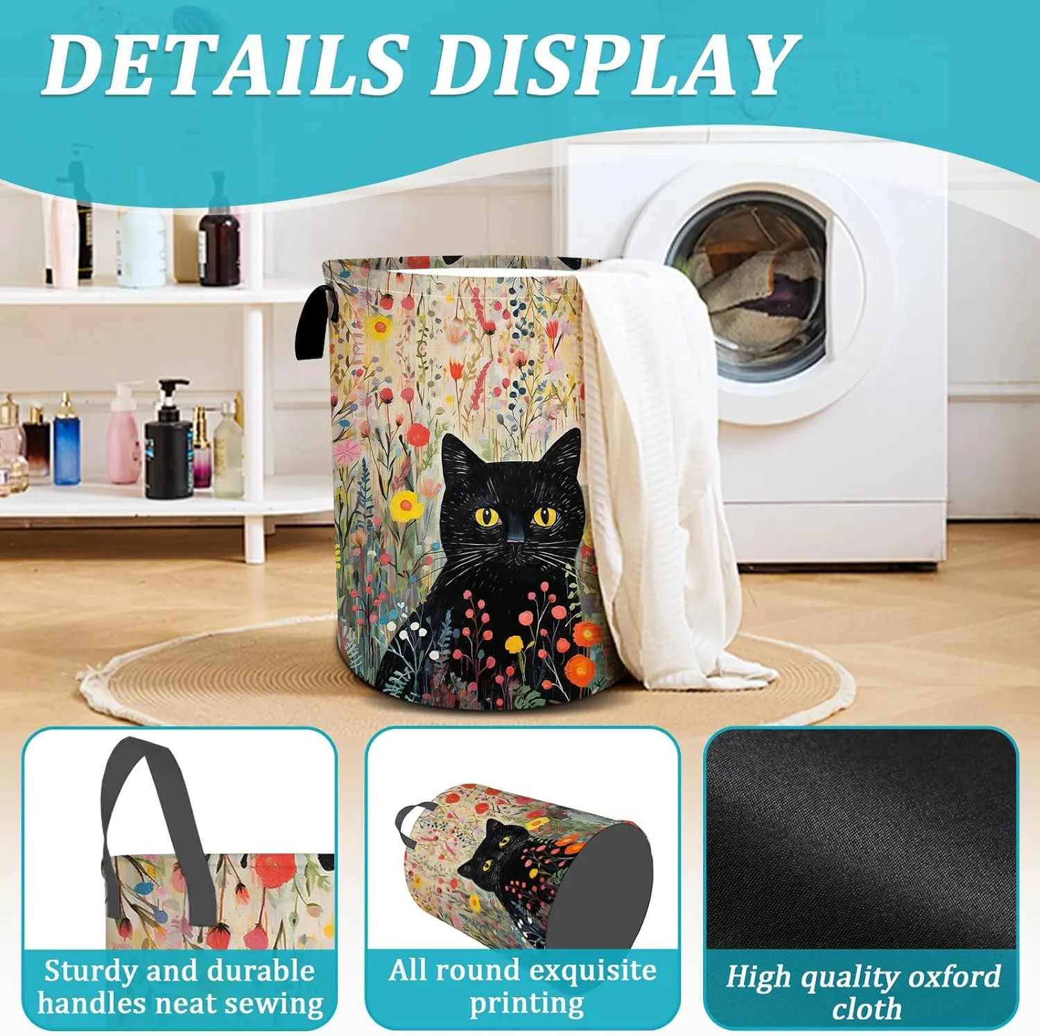 Black Cat Laundry Basket, Flower Floral Laundry Hamper Foldable Waterproof Tote Bag Dirty Clothes Storage Bucket Toy Organizer for Bathroom/Laundry/Bedroom 15.7"x19.6"