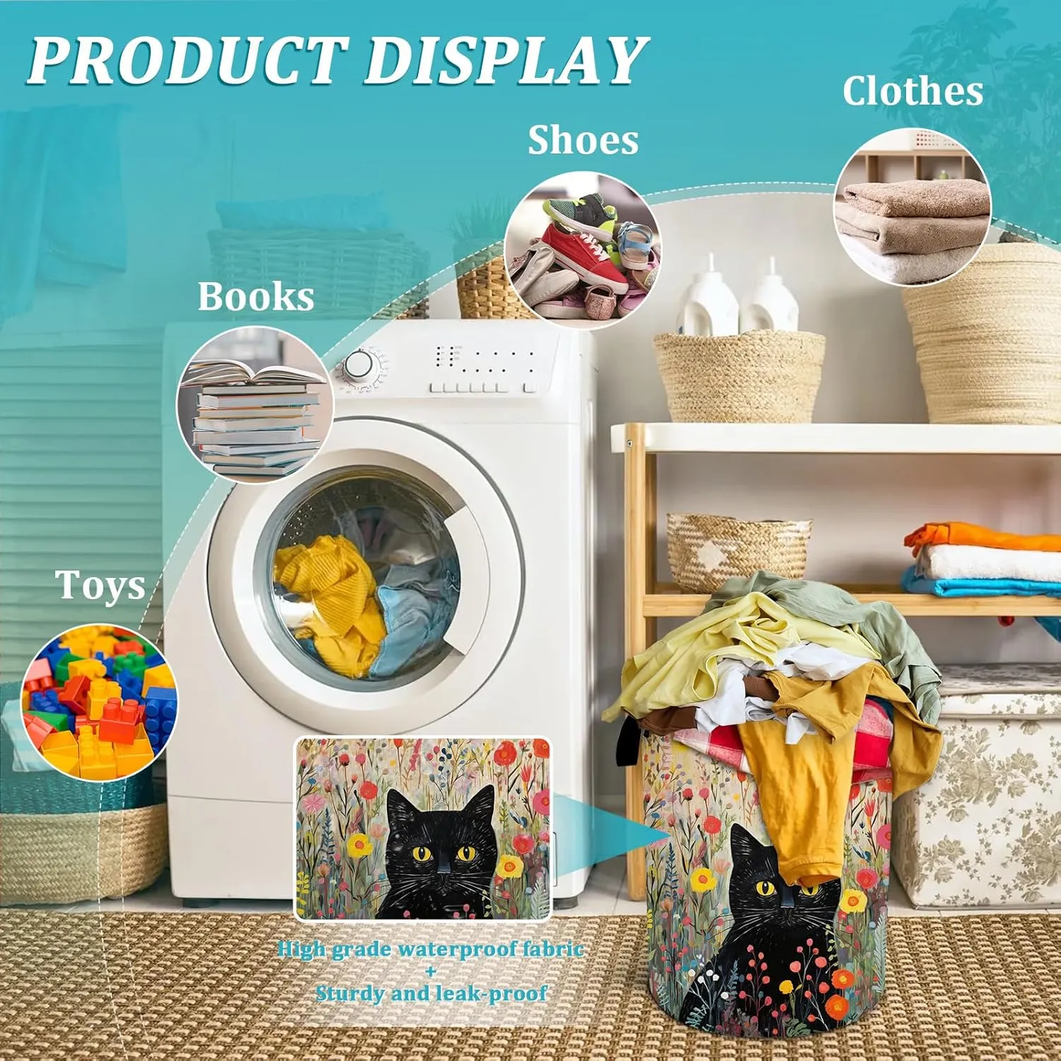Black Cat Laundry Basket, Flower Floral Laundry Hamper Foldable Waterproof Tote Bag Dirty Clothes Storage Bucket Toy Organizer for Bathroom/Laundry/Bedroom 15.7"x19.6"