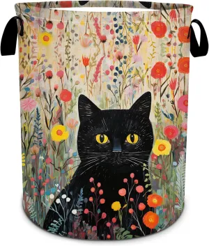 Black Cat Laundry Basket, Flower Floral Laundry Hamper Foldable Waterproof Tote Bag Dirty Clothes Storage Bucket Toy Organizer for Bathroom/Laundry/Bedroom 15.7"x19.6"