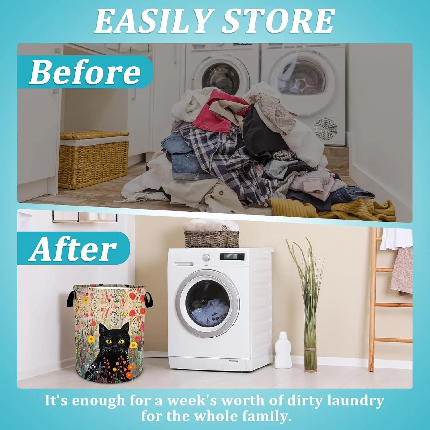 Black Cat Laundry Basket, Flower Floral Laundry Hamper Foldable Waterproof Tote Bag Dirty Clothes Storage Bucket Toy Organizer for Bathroom/Laundry/Bedroom 15.7"x19.6"