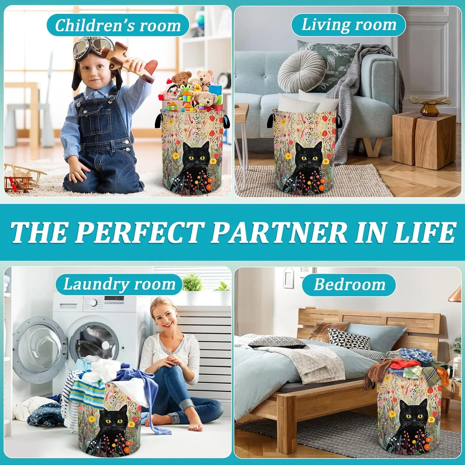 Black Cat Laundry Basket, Flower Floral Laundry Hamper Foldable Waterproof Tote Bag Dirty Clothes Storage Bucket Toy Organizer for Bathroom/Laundry/Bedroom 15.7"x19.6"