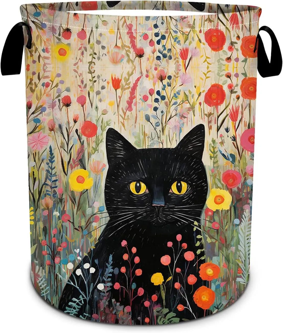 Black Cat Laundry Basket, Flower Floral Laundry Hamper Foldable Waterproof Tote Bag Dirty Clothes Storage Bucket Toy Organizer for Bathroom/Laundry/Bedroom 15.7"x19.6"