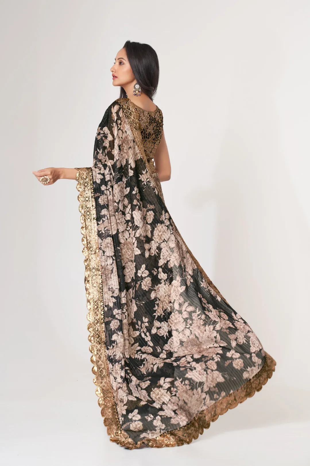 Black Organza Saree with Sequin Embroidery and Digital Print