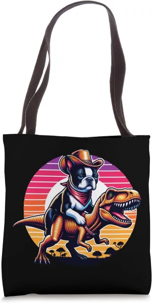 Boston Terrier Wearing A Cowboy Hat On T-Rex Tote Bag