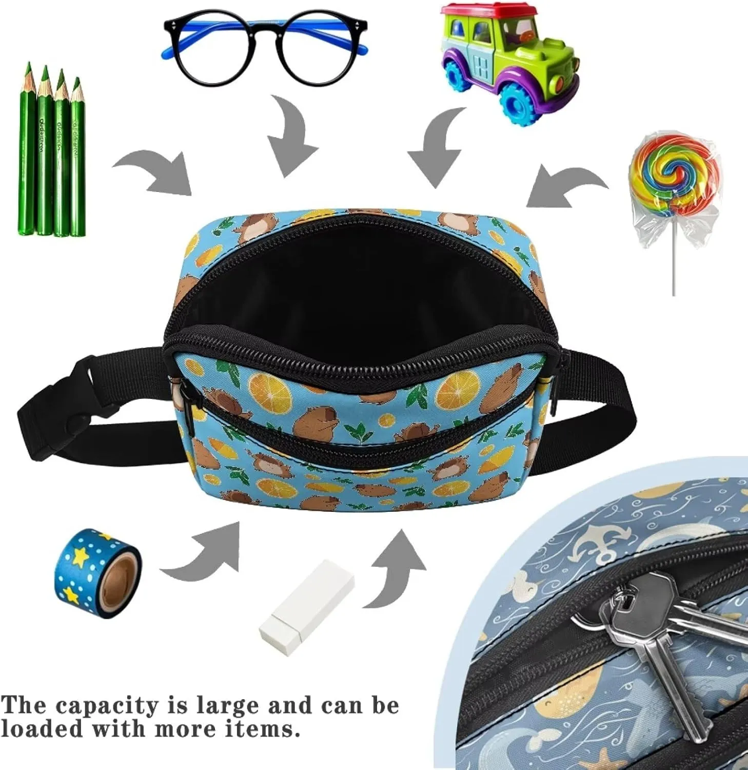 Boys Fanny Pack for Kids 4-6 Brown Capybara Waist Bag Large Capacity Belt Crossbody with Adjustable Waistband 25.59-38.18 Inch 2 Pockets for Teenager Boys Traveling Hiking Running School