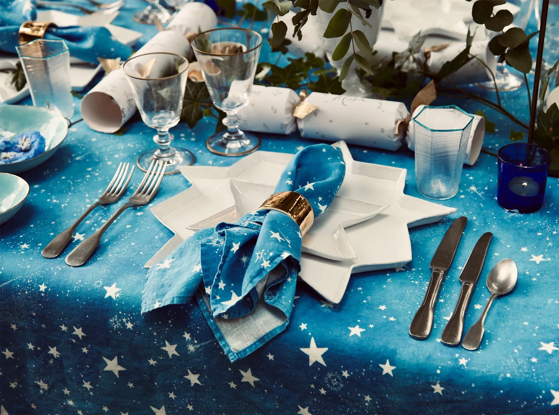 Celestial Stars Linen Tablecloth in Blue