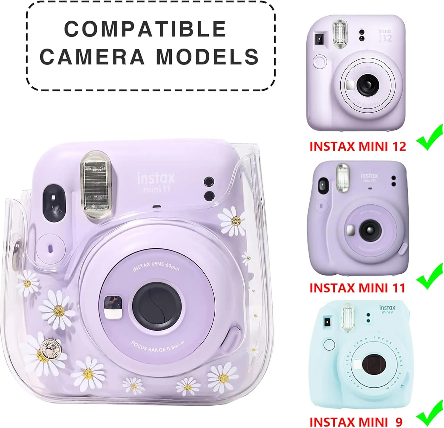 Clear Case for Fujifilm Instax Mini 12/11/9/8 Instant Camera Bag - Instax mini 11 case with Adjustable Shoulder Straps (Transparent Daisy)(No Camera)