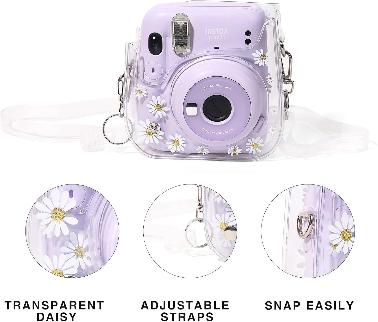 Clear Case for Fujifilm Instax Mini 12/11/9/8 Instant Camera Bag - Instax mini 11 case with Adjustable Shoulder Straps (Transparent Daisy)(No Camera)