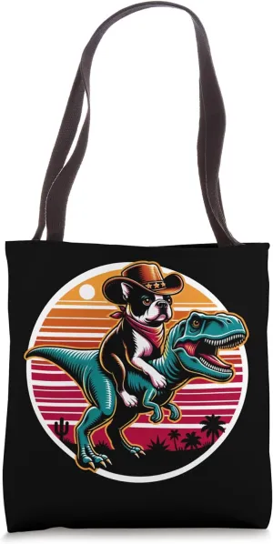 Cowboy Boston Terrier On A T-Rex Tote Bag