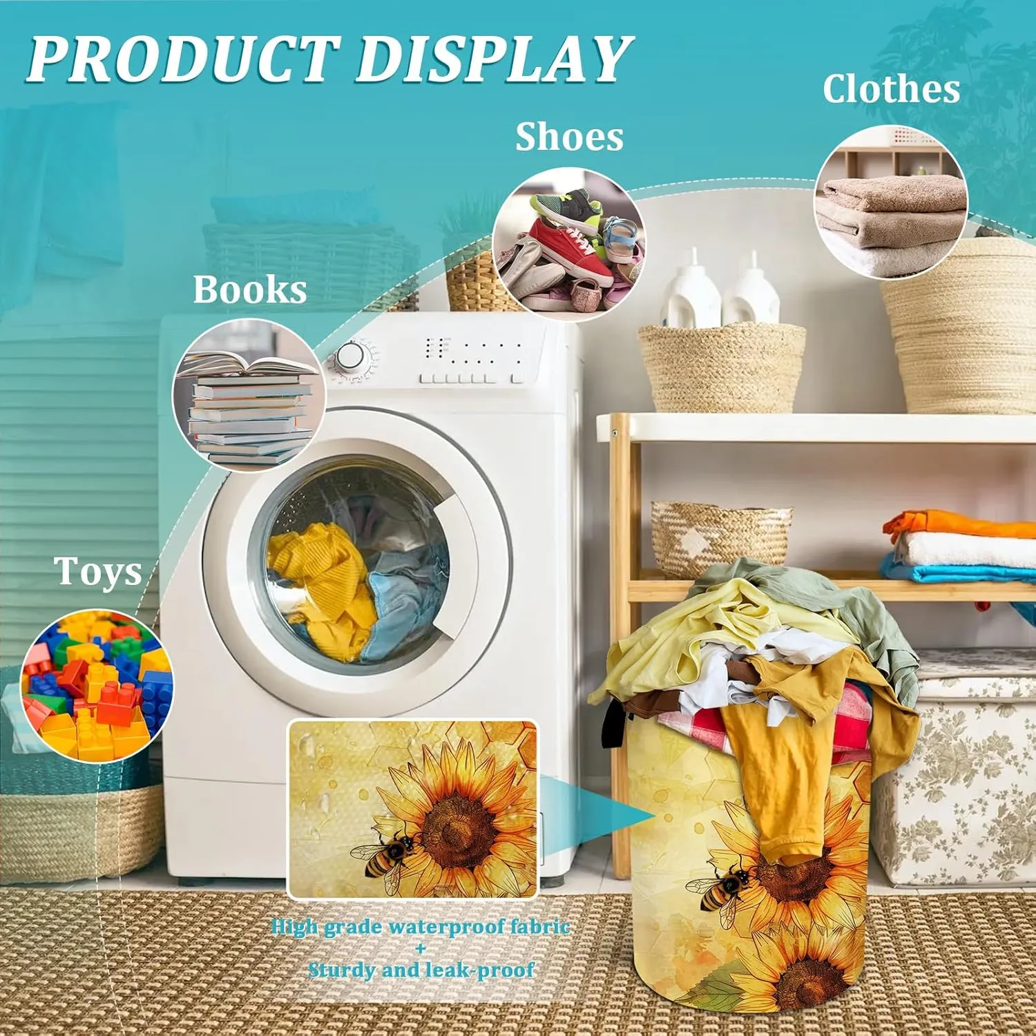 Cute Bee Sunflower Laundry Basket, Foldable Waterproof Oxford Cloth Laundry Hamper Funny Tote Bag Dirty Clothes Storage Bucket Toy Organizer for Bathroom/Laundry/Bedroom 15.7"x19.6"
