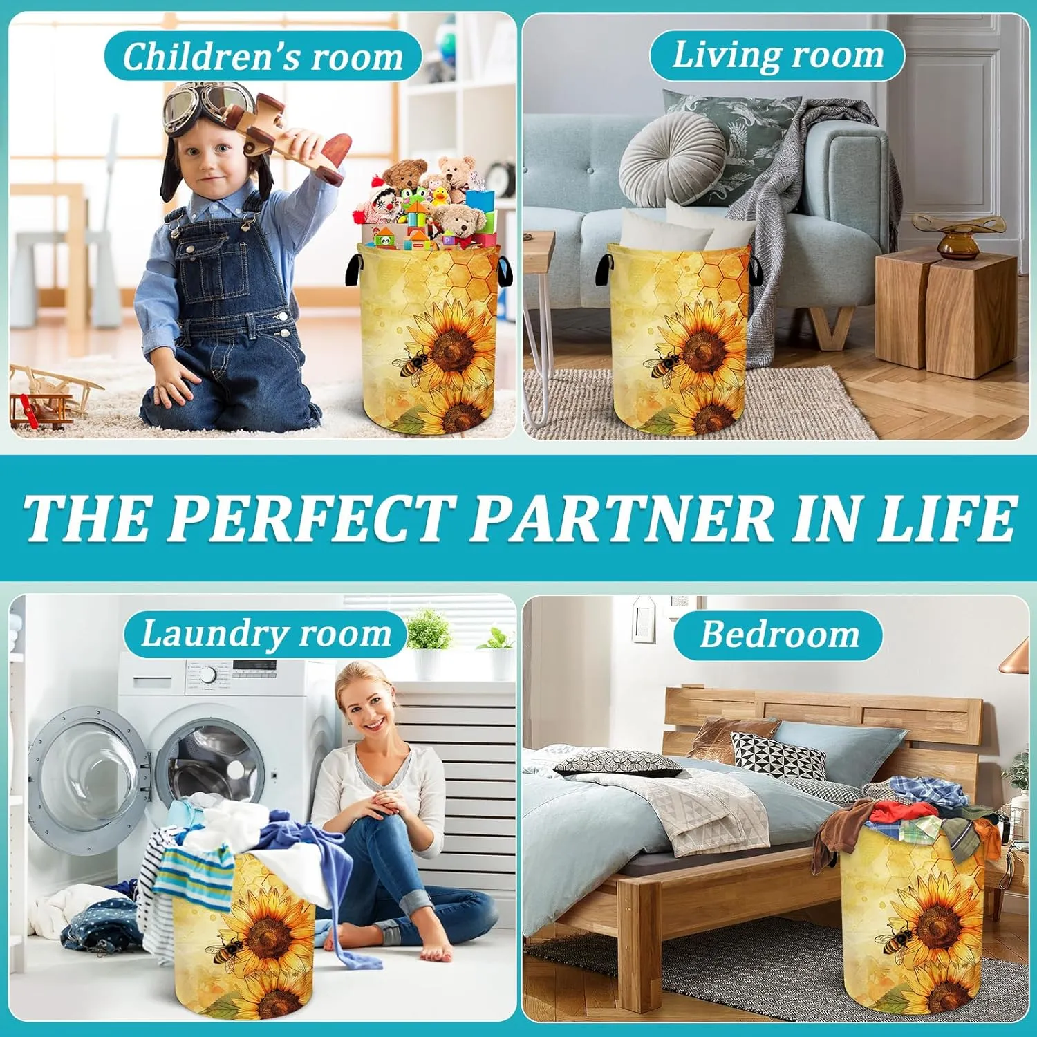 Cute Bee Sunflower Laundry Basket, Foldable Waterproof Oxford Cloth Laundry Hamper Funny Tote Bag Dirty Clothes Storage Bucket Toy Organizer for Bathroom/Laundry/Bedroom 15.7"x19.6"