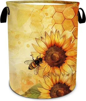 Cute Bee Sunflower Laundry Basket, Foldable Waterproof Oxford Cloth Laundry Hamper Funny Tote Bag Dirty Clothes Storage Bucket Toy Organizer for Bathroom/Laundry/Bedroom 15.7"x19.6"