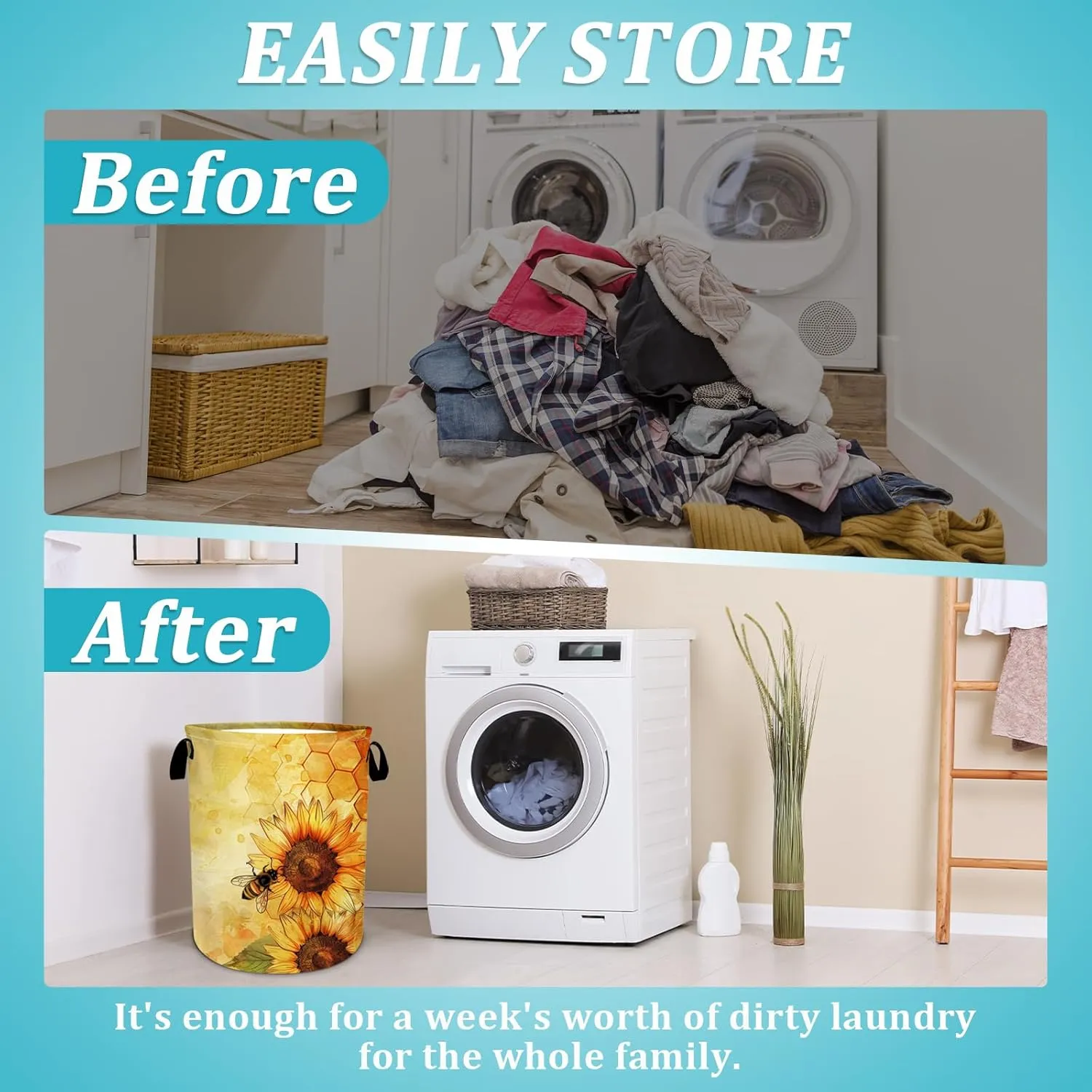 Cute Bee Sunflower Laundry Basket, Foldable Waterproof Oxford Cloth Laundry Hamper Funny Tote Bag Dirty Clothes Storage Bucket Toy Organizer for Bathroom/Laundry/Bedroom 15.7"x19.6"