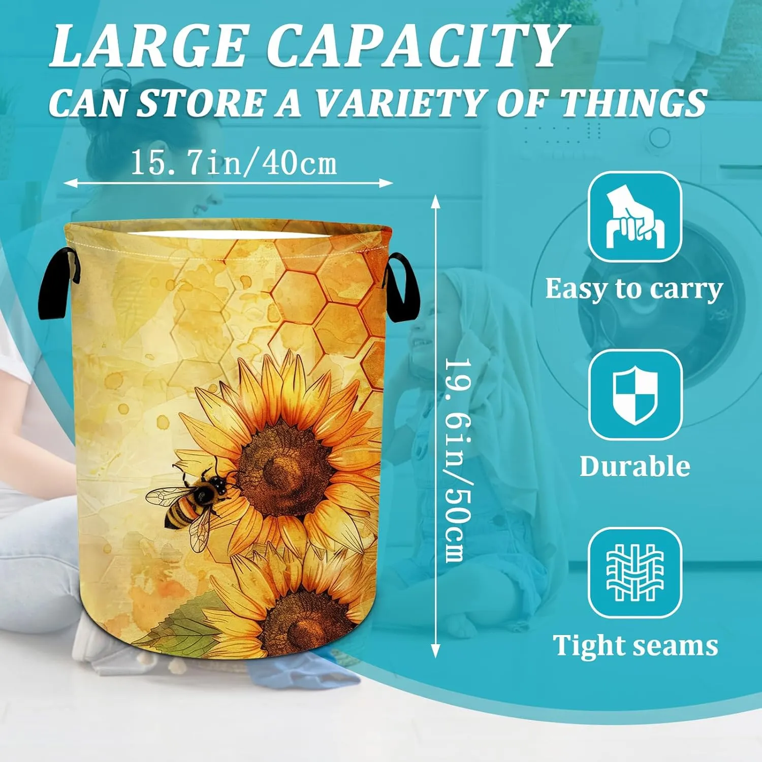 Cute Bee Sunflower Laundry Basket, Foldable Waterproof Oxford Cloth Laundry Hamper Funny Tote Bag Dirty Clothes Storage Bucket Toy Organizer for Bathroom/Laundry/Bedroom 15.7"x19.6"
