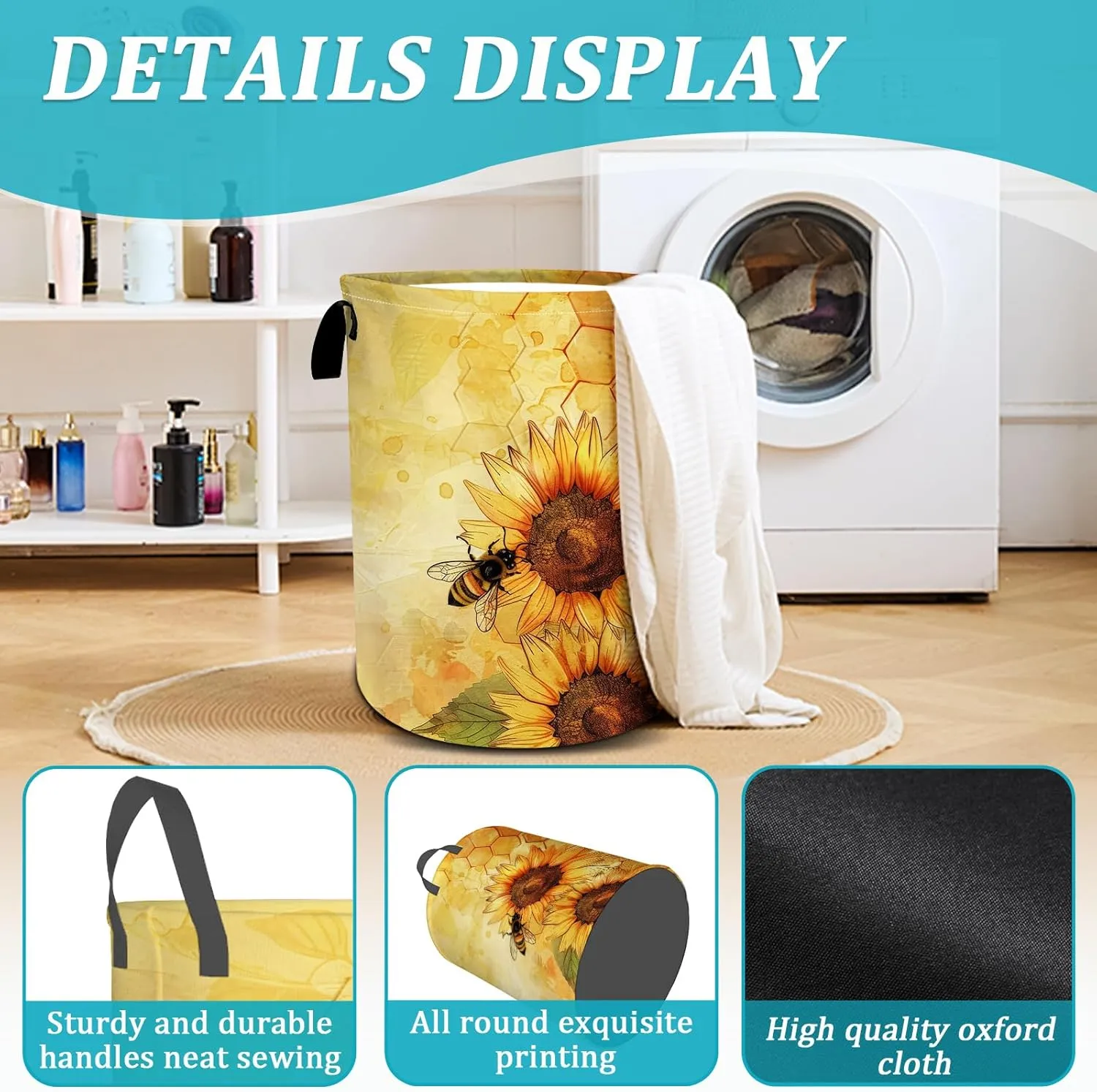 Cute Bee Sunflower Laundry Basket, Foldable Waterproof Oxford Cloth Laundry Hamper Funny Tote Bag Dirty Clothes Storage Bucket Toy Organizer for Bathroom/Laundry/Bedroom 15.7"x19.6"