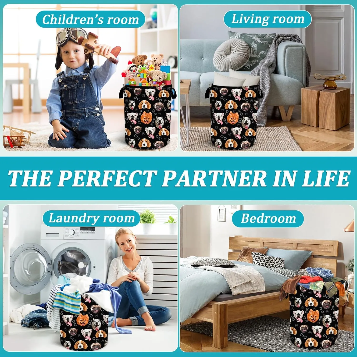 Funny Dog Laundry Basket,Bones and Paws Laundry Hamper Foldable Waterproof Funny Tote Bag Dirty Clothes Storage Bucket Toy Organizer for Bathroom/Laundry/Bedroom 15.7"x19.6"