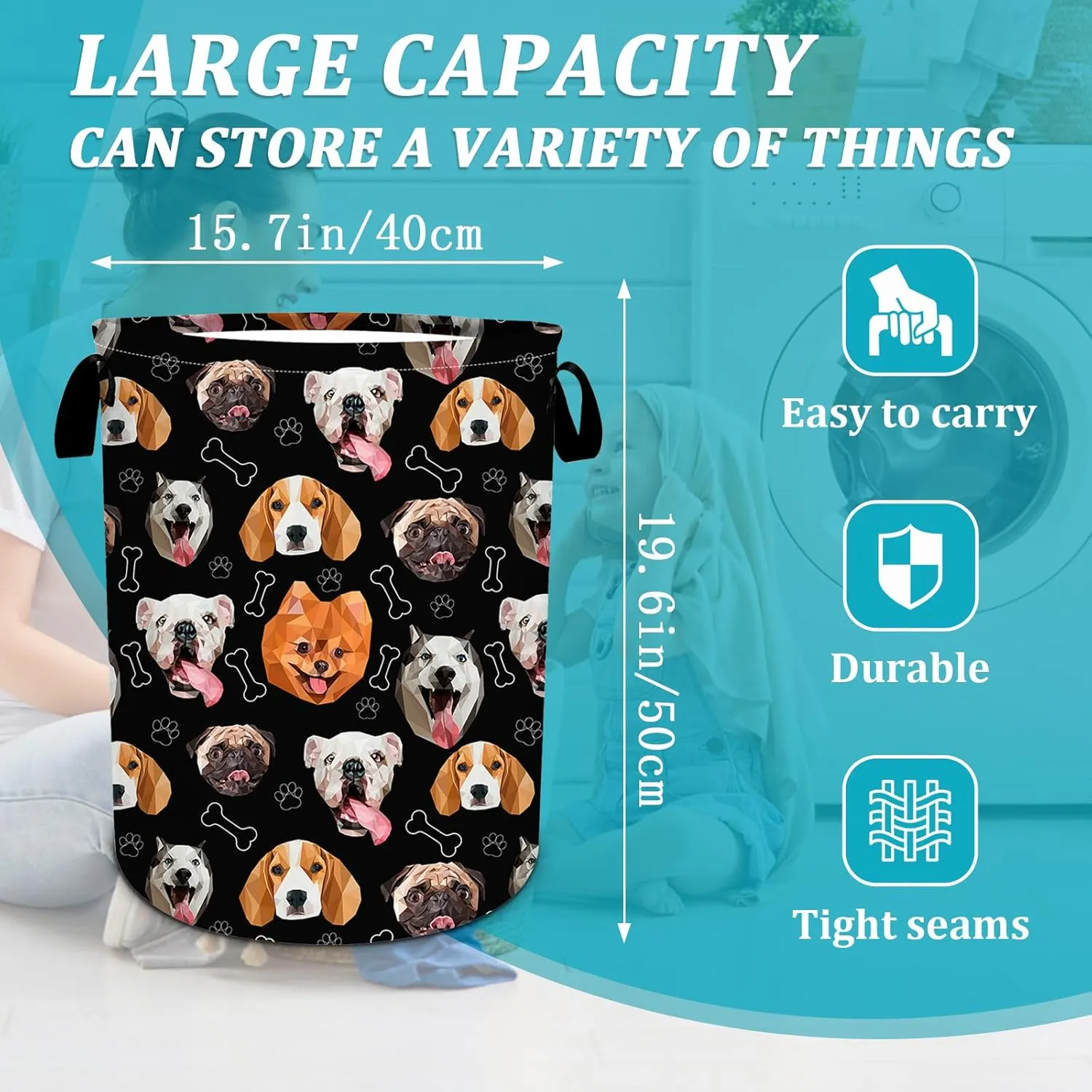 Funny Dog Laundry Basket,Bones and Paws Laundry Hamper Foldable Waterproof Funny Tote Bag Dirty Clothes Storage Bucket Toy Organizer for Bathroom/Laundry/Bedroom 15.7"x19.6"