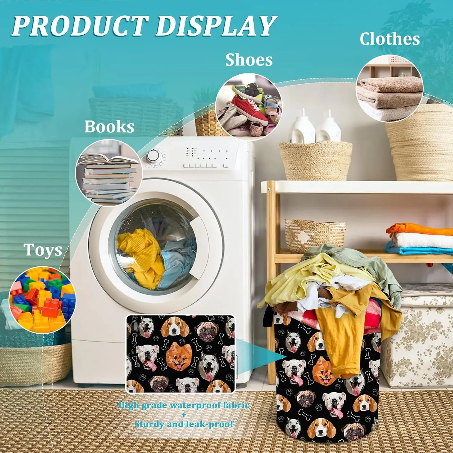 Funny Dog Laundry Basket,Bones and Paws Laundry Hamper Foldable Waterproof Funny Tote Bag Dirty Clothes Storage Bucket Toy Organizer for Bathroom/Laundry/Bedroom 15.7"x19.6"