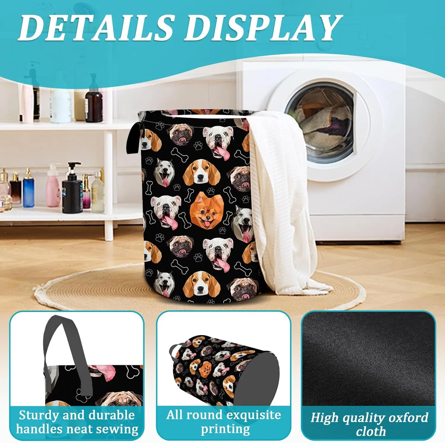 Funny Dog Laundry Basket,Bones and Paws Laundry Hamper Foldable Waterproof Funny Tote Bag Dirty Clothes Storage Bucket Toy Organizer for Bathroom/Laundry/Bedroom 15.7"x19.6"