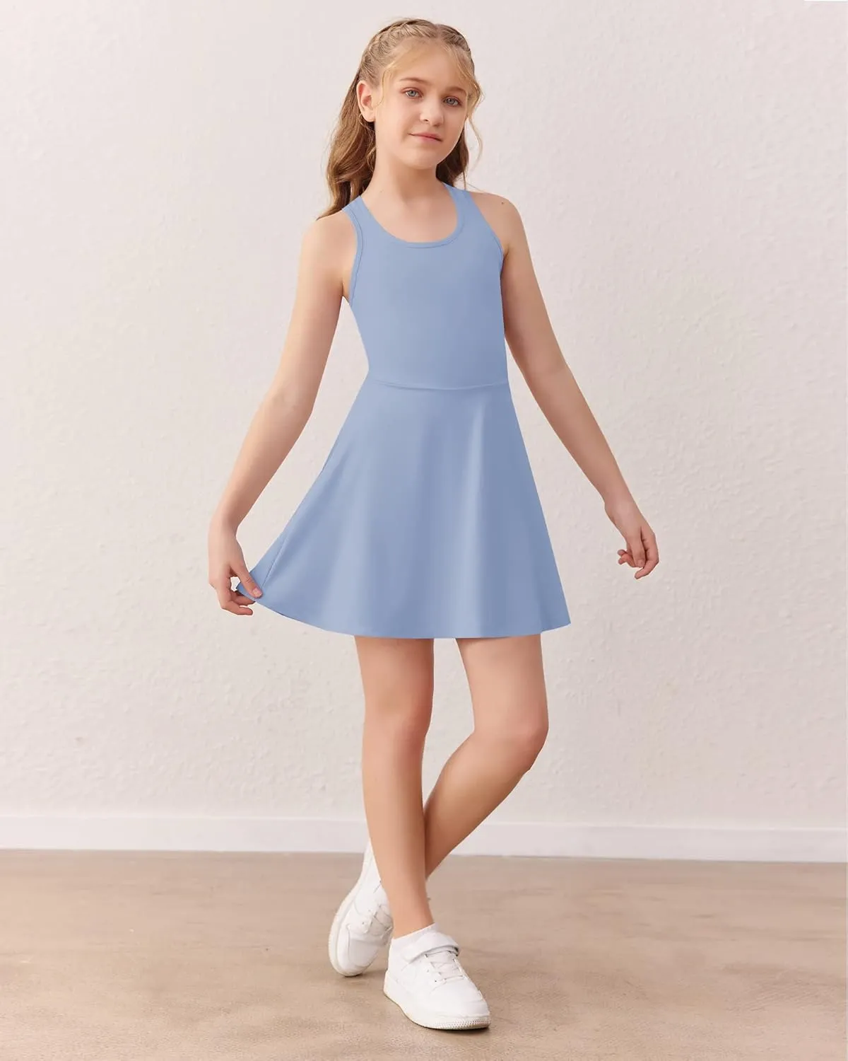 Haloumoning Girls Sleeveless Tennis Dress Kids Racerback Golf Dress School Sports Dresses Outfit with Shorts Pockets
