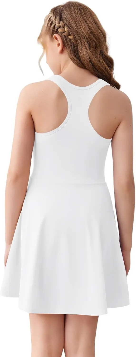 Haloumoning Girls Sleeveless Tennis Dress Kids Racerback Golf Dress School Sports Dresses Outfit with Shorts Pockets