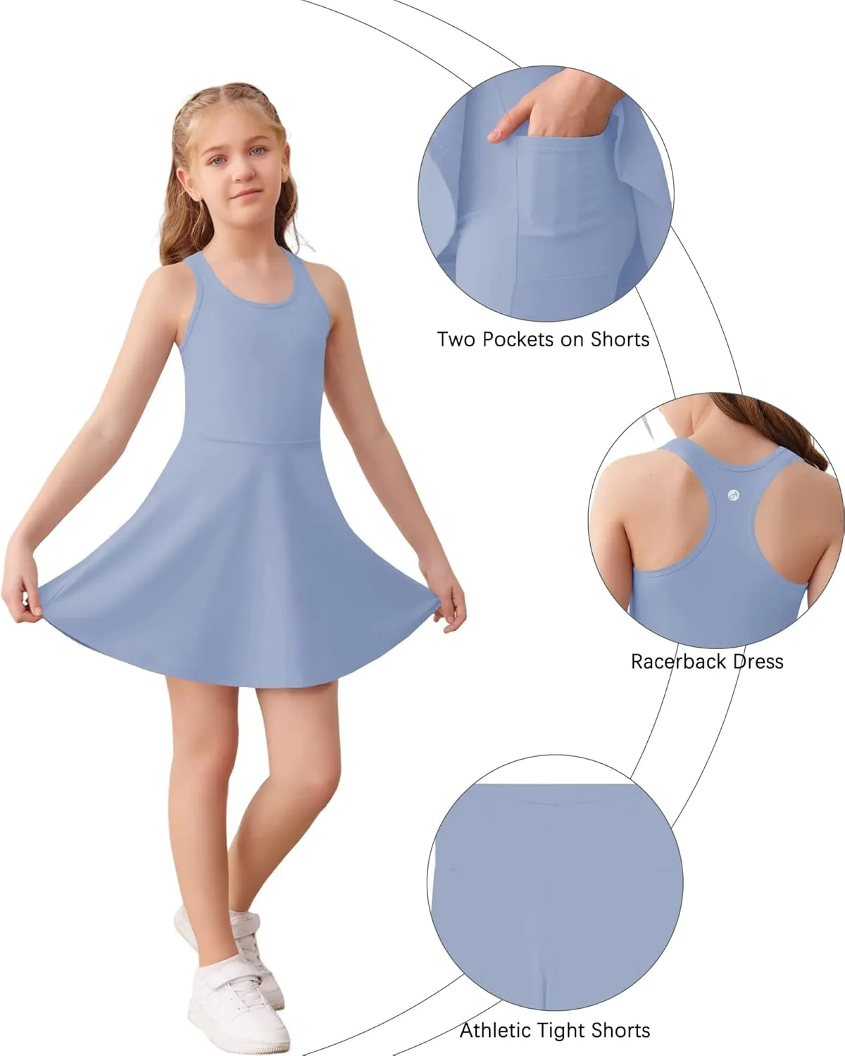 Haloumoning Girls Sleeveless Tennis Dress Kids Racerback Golf Dress School Sports Dresses Outfit with Shorts Pockets