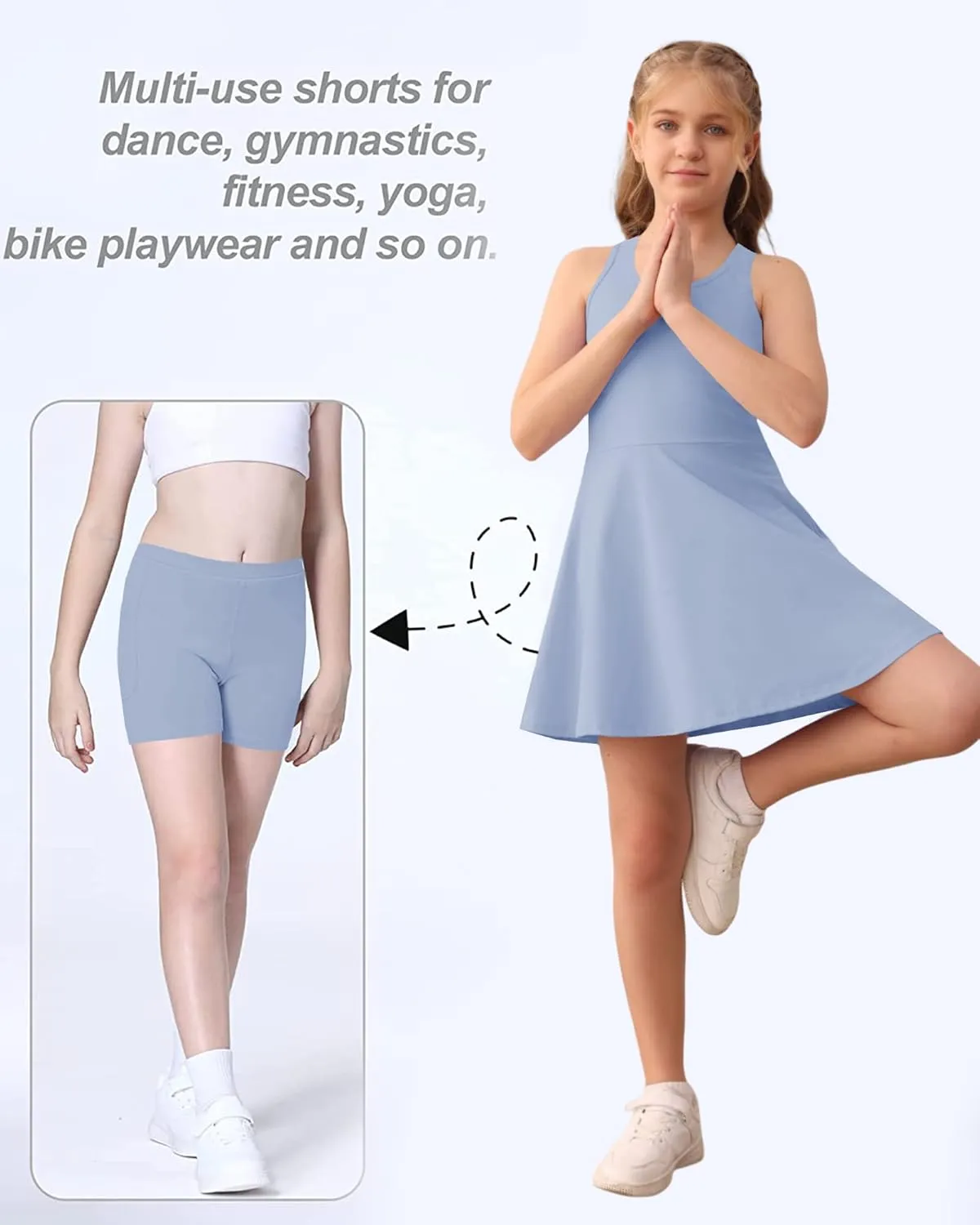Haloumoning Girls Sleeveless Tennis Dress Kids Racerback Golf Dress School Sports Dresses Outfit with Shorts Pockets
