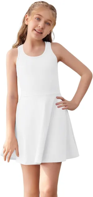 Haloumoning Girls Sleeveless Tennis Dress Kids Racerback Golf Dress School Sports Dresses Outfit with Shorts Pockets