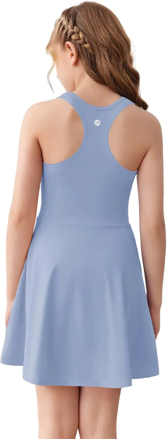 Haloumoning Girls Sleeveless Tennis Dress Kids Racerback Golf Dress School Sports Dresses Outfit with Shorts Pockets