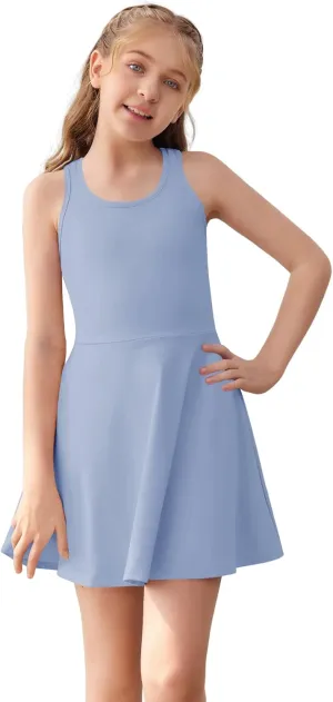 Haloumoning Girls Sleeveless Tennis Dress Kids Racerback Golf Dress School Sports Dresses Outfit with Shorts Pockets