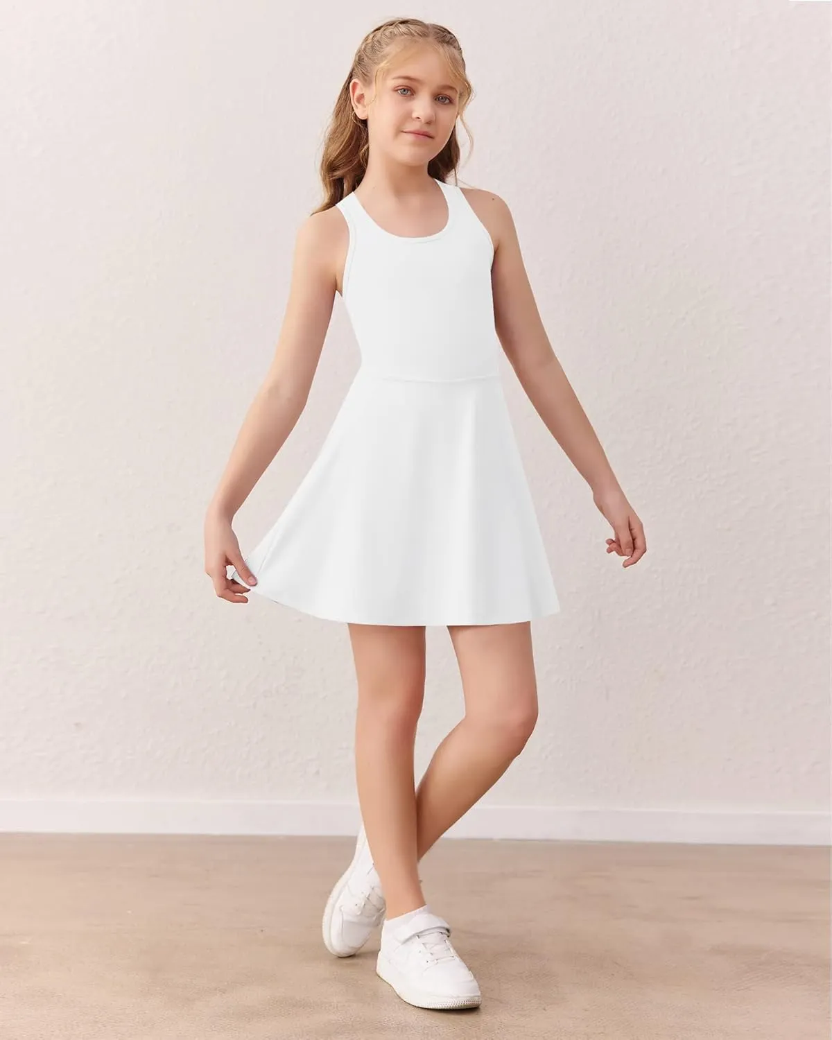 Haloumoning Girls Sleeveless Tennis Dress Kids Racerback Golf Dress School Sports Dresses Outfit with Shorts Pockets