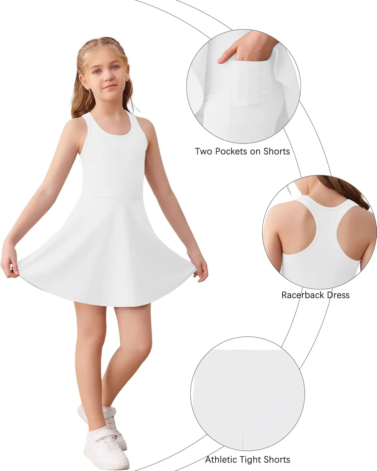 Haloumoning Girls Sleeveless Tennis Dress Kids Racerback Golf Dress School Sports Dresses Outfit with Shorts Pockets