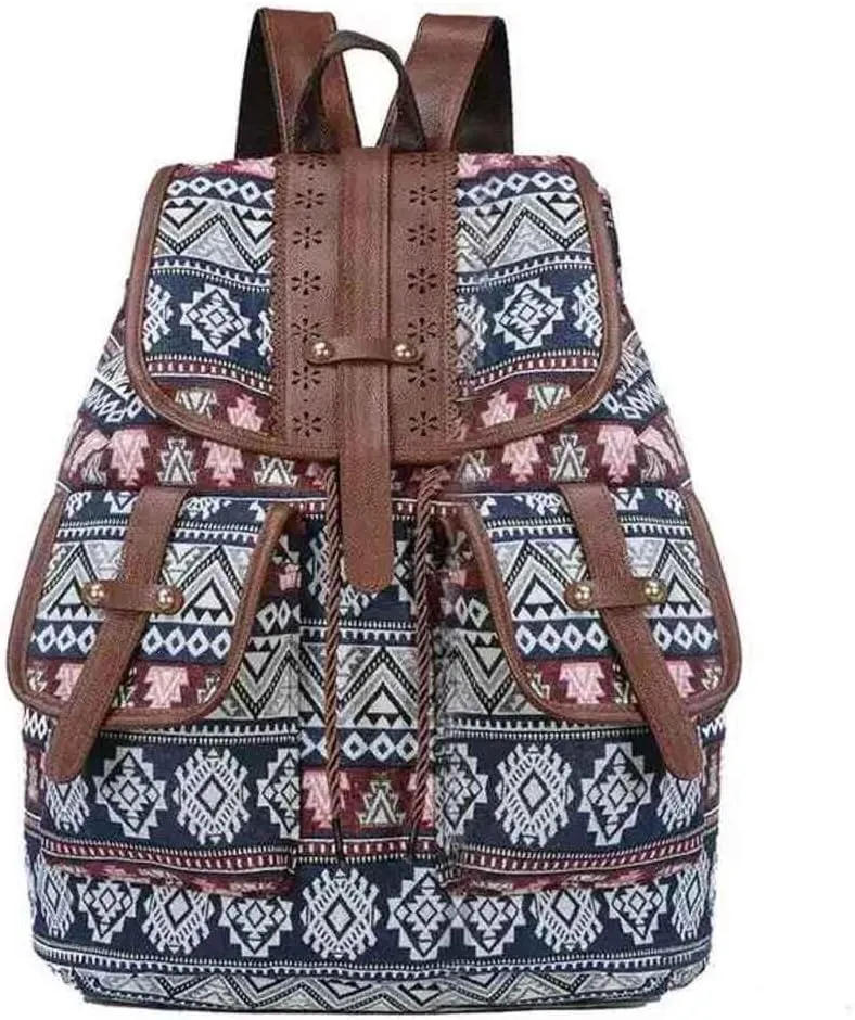 Hippie Canvas Women Backpack Purse- Boho Style Ethnic Drawstring Causal Double Shoulder Vintage Travel Daypack (Blue), Large