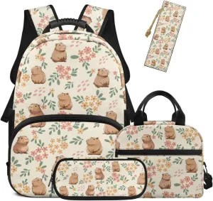 HUGS IDEA Capybara Backpack for Girls 4-6 Floral School Bookbag with Lunch Box Set Lightweight Backpacks for Girls Large Capacity School Bag for Elementary Kindergarten Students Daypack