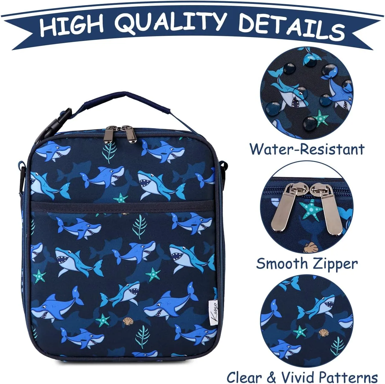 Kasqo Lunch Box Bag,Insulated Cute Lunch Bag with Shoulder strap Water Bottle Holder Mini Cooler Thermal Meal Tote Kit, Blue Shark