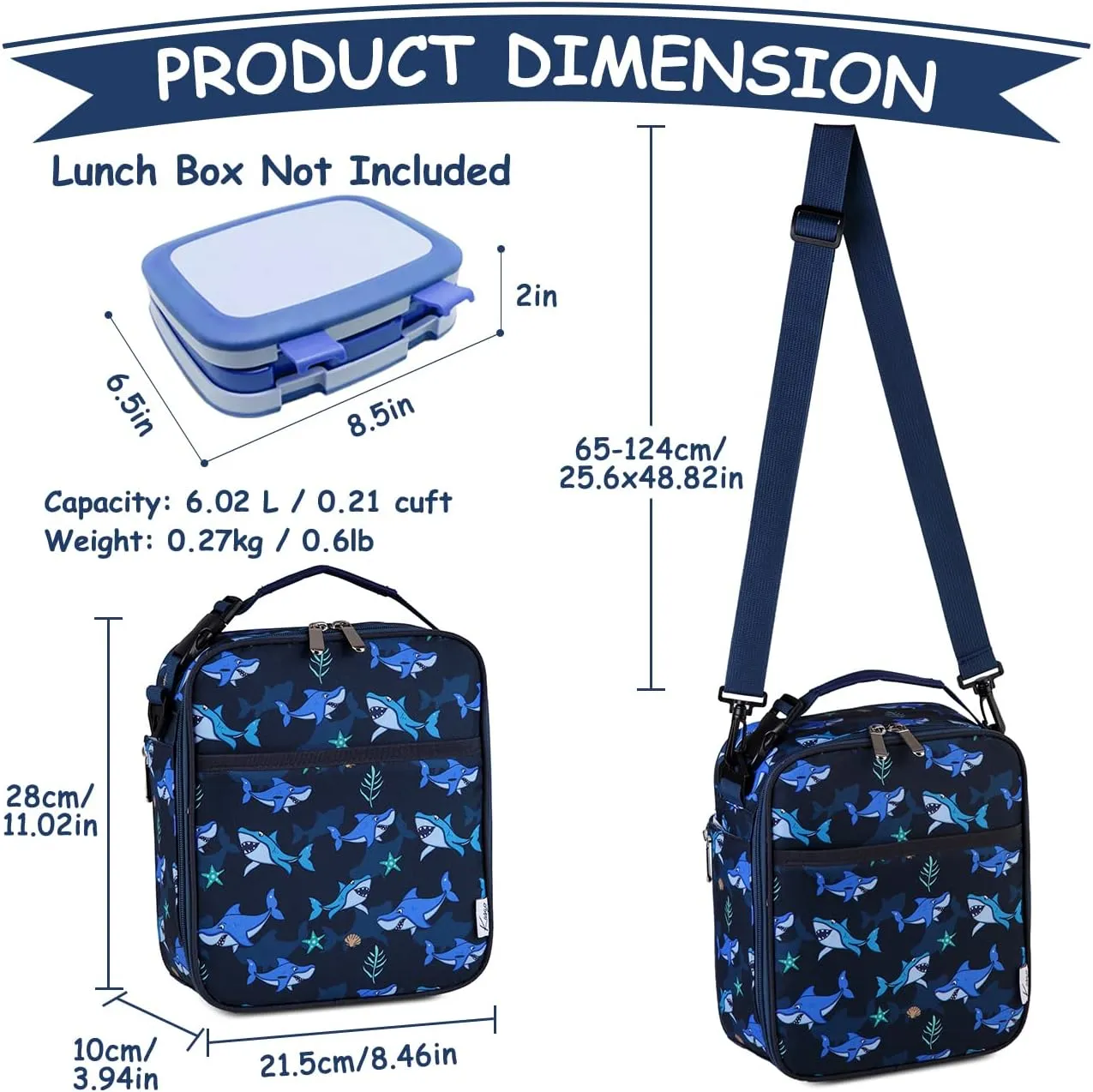Kasqo Lunch Box Bag,Insulated Cute Lunch Bag with Shoulder strap Water Bottle Holder Mini Cooler Thermal Meal Tote Kit, Blue Shark