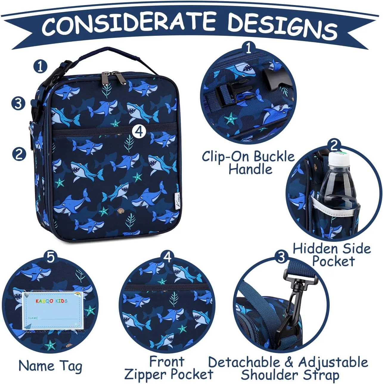 Kasqo Lunch Box Bag,Insulated Cute Lunch Bag with Shoulder strap Water Bottle Holder Mini Cooler Thermal Meal Tote Kit, Blue Shark