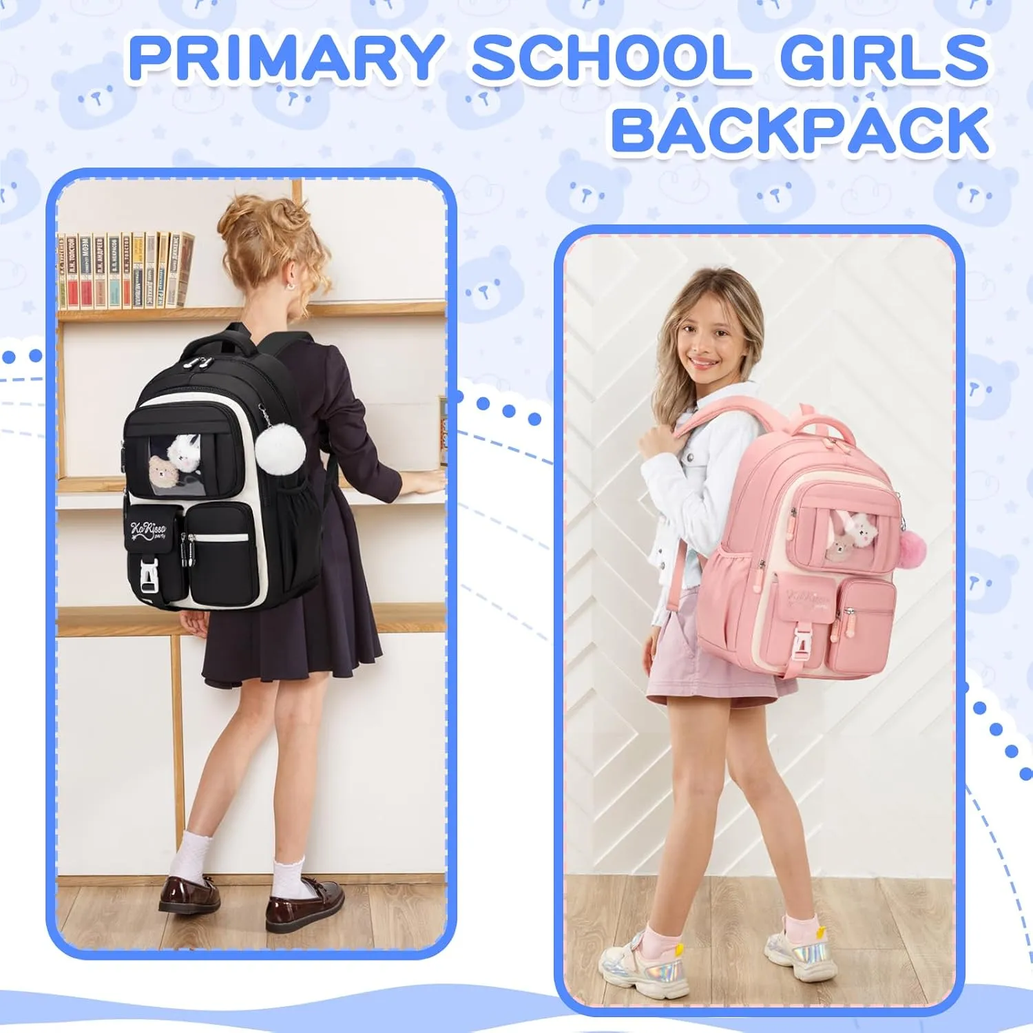 Kids Backpack for Girls - Elementary School Book Bag - Kawaii Ita Backpack - Black and Beige