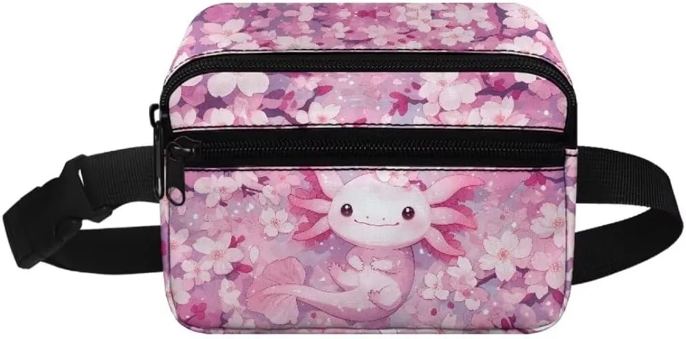 Kuiaobaty Axolotl Large Waist Bag for Travel Cartoon Fanny Pack with Zipper Plus Size Kids Belt Bag with Pockets Portable Sling Bag with Adjustable Straps Crossbody Bag Gift for Holiday