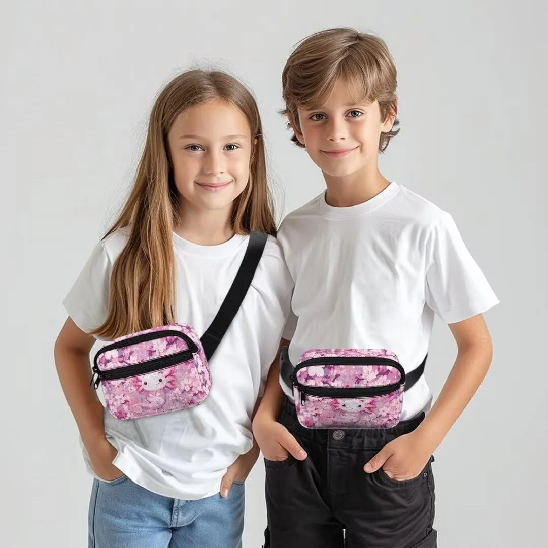 Kuiaobaty Axolotl Large Waist Bag for Travel Cartoon Fanny Pack with Zipper Plus Size Kids Belt Bag with Pockets Portable Sling Bag with Adjustable Straps Crossbody Bag Gift for Holiday