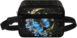 Kuiaobaty Blue Butterfly Mini Fanny Pack for Kids Waist Bag for Travel Elegant Mini Belt Bag for Camping Portable Crossbody Bag for Hiking Soft Sling Bag with Zipper Gift for Her