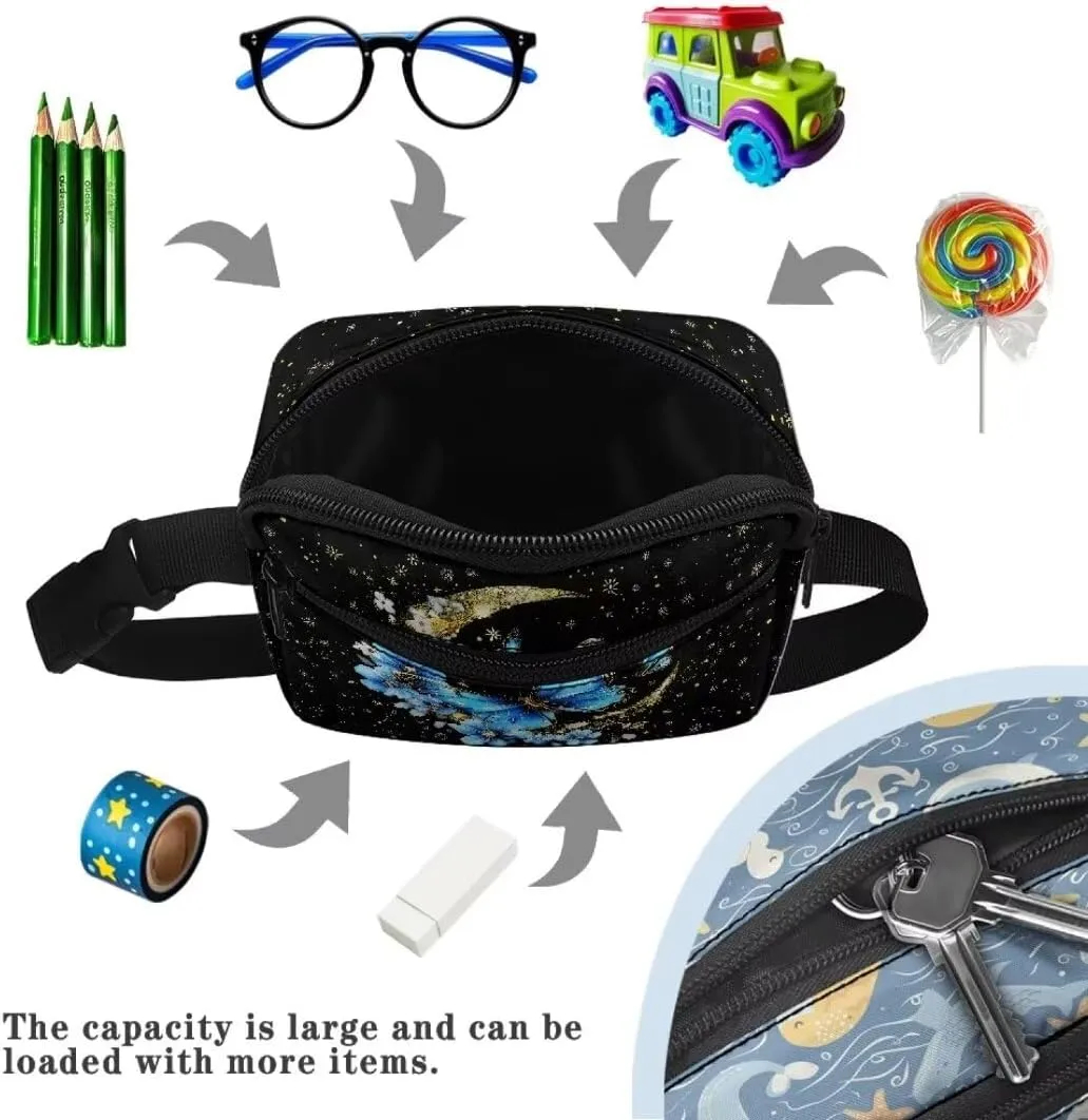 Kuiaobaty Blue Butterfly Mini Fanny Pack for Kids Waist Bag for Travel Elegant Mini Belt Bag for Camping Portable Crossbody Bag for Hiking Soft Sling Bag with Zipper Gift for Her